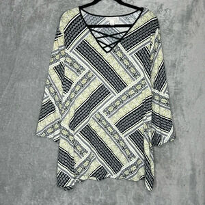 Emaline 2X Shirt Top Yellow Paisley Striped 3/4 Sleeve Criss Cross V Neck Womens